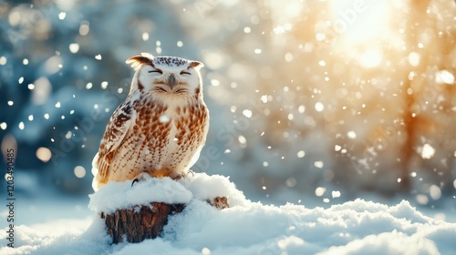 A serene owl perched on a snowy stump amidst gently falling snowflakes, capturing the essence of winter's tranquility and the beauty of nature in a magical setting.