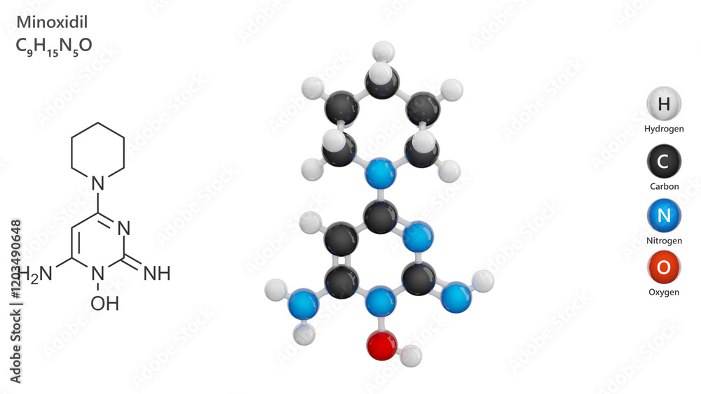 Molecule: Minoxidil. Vasodilator. Molecular structure. Formula: C9H15N5O. Chemical model: Ball and stick. White background. 3D illustration. Molecule: Minoxidil. Vasodilator. Molecular structure. Formula: C9H15N5O. Chemical model: Ball and stick. White background. 3D illustration.