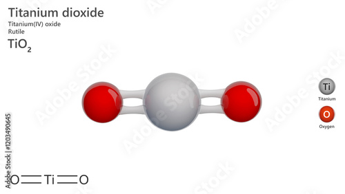 Molecule: Titanium Dioxide. E171. Molecular structure. Formula: TiO2. Chemical model: Ball and stick. White background. 3D illustration. photo