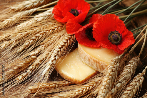 Jewish holiday Shavuot background consisting of flowers, cheese and wheat ears.	  photo