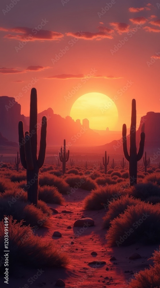 Serene Desert Sunset with Glowing Cacti Serene Desert Sunset with Glowing Cacti