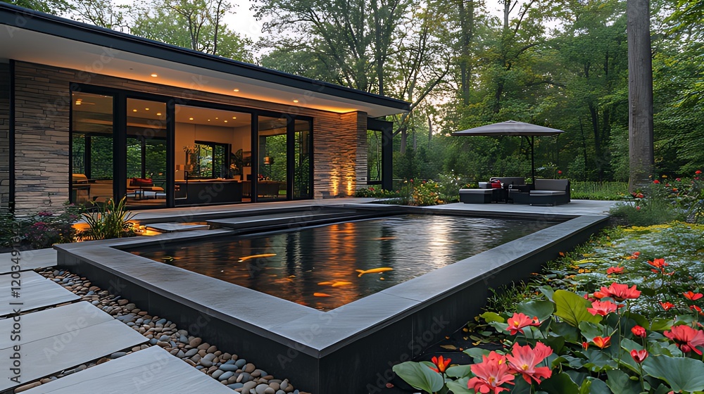 Modern home's tranquil koi pond, evening garden Modern home's tranquil koi pond, evening garden