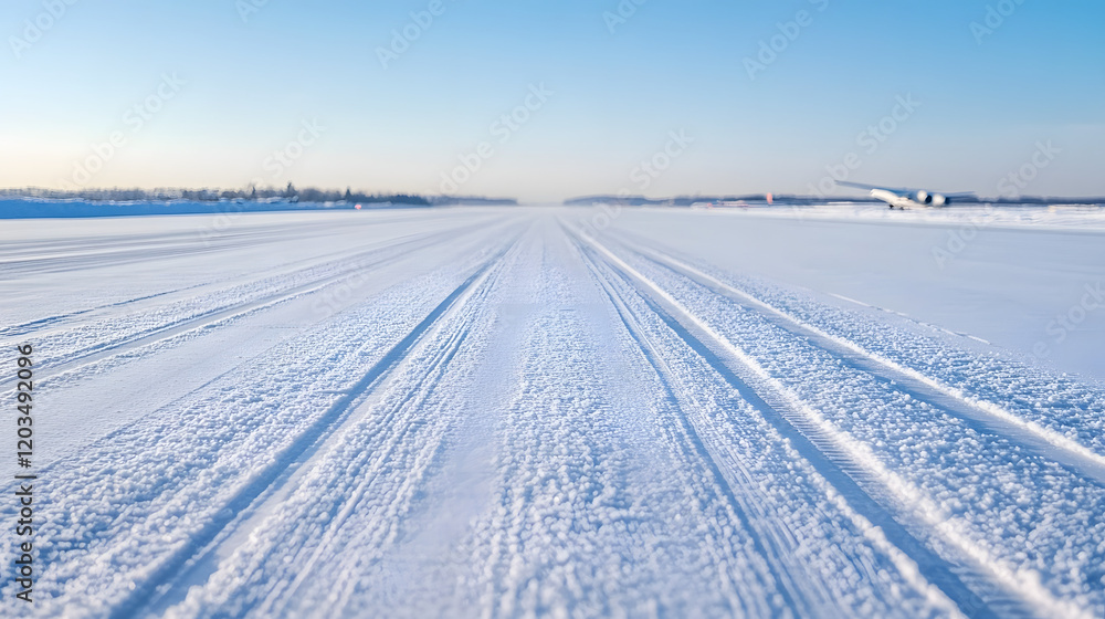 A snow-covered airport runway with faint tire tracks, depicting a serene winter scene where the tracks add a sense of movement, highlighting the quiet and calm atmosphere of an empty airport during a A snow-covered airport runway with faint tire tracks, depicting a serene winter scene where the tracks add a sense of movement, highlighting the quiet and calm atmosphere of an empty airport during a