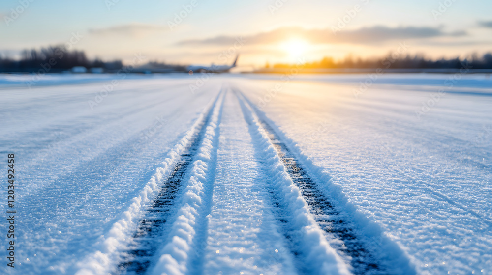 A snow-covered airport runway with faint tire tracks, depicting a serene winter scene where the tracks add a sense of movement, highlighting the quiet and calm atmosphere of an empty airport during a A snow-covered airport runway with faint tire tracks, depicting a serene winter scene where the tracks add a sense of movement, highlighting the quiet and calm atmosphere of an empty airport during a