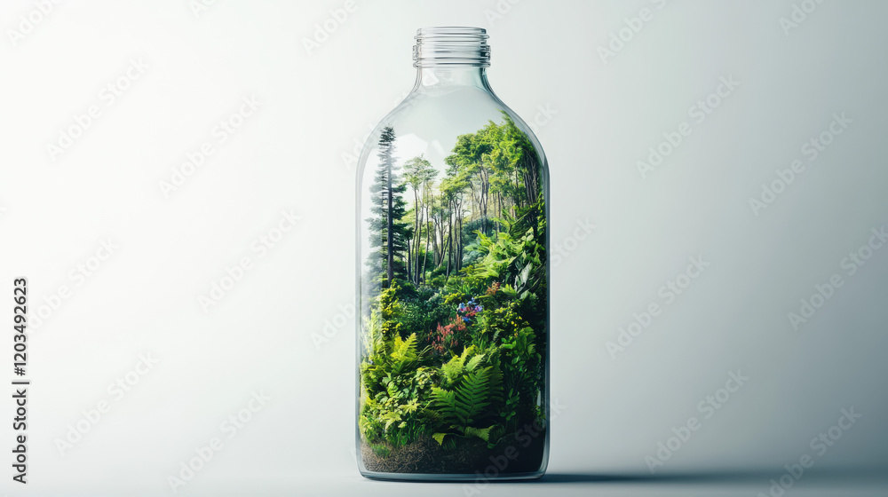 A glass bottle with a miniature forest inside, the glass highly detailed with light reflections, isolated against a clear white background A glass bottle with a miniature forest inside, the glass highly detailed with light reflections, isolated against a clear white background