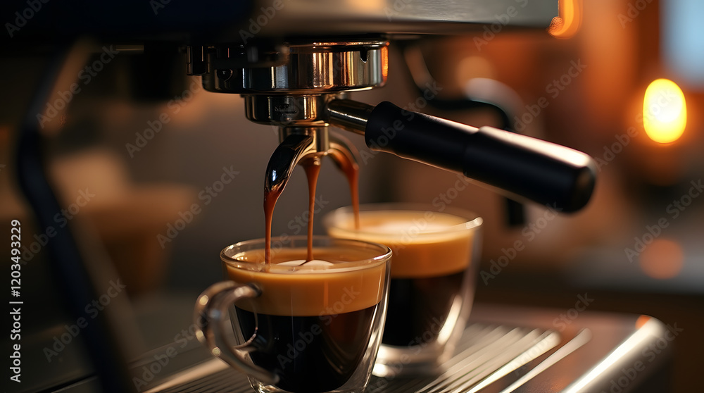 A modern coffee machine makes two espressos, and the warm soft light in the background creates a cozy atmosphere for enjoying coffee. A modern coffee machine makes two espressos, and the warm soft light in the background creates a cozy atmosphere for enjoying coffee.