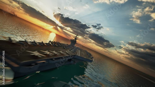 Aircraft Carrier Warship Battleship In The Ocean Navy, Sunset Time