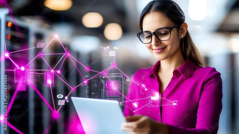 Obraz premium A professional woman in a modern data center working on a digital tablet with a futuristic interface overlay, highlighting global connectivity and innovation in technology.