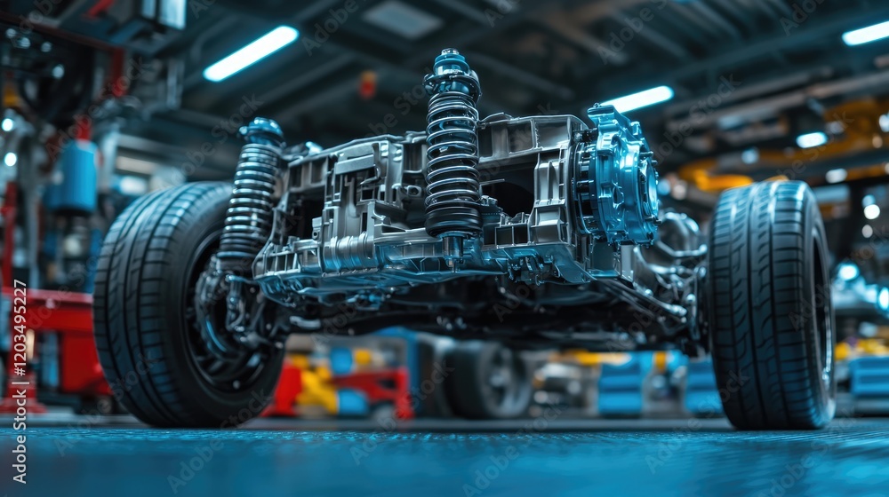 Family SUV in a repair shop with the focus on the rear suspension system. Family SUV in a repair shop with the focus on the rear suspension system.