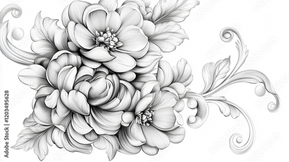 Artistic black-and-white floral line drawing with detailed patterns Artistic black-and-white floral line drawing with detailed patterns