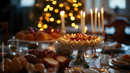 Festive Hanukkah table setting adorned with traditional foods and warm candlelight for a joyous celebration photo