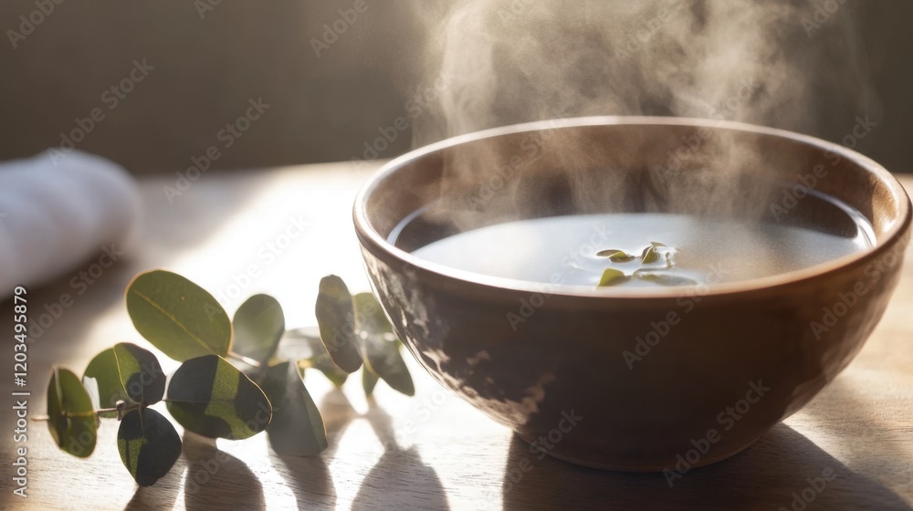 Close-up of a warm bowl with eucalyptus-infused water and rising steam, creating a tranquil spa atmosphere. Relaxation, wellness, and self-care concept. Close-up of a warm bowl with eucalyptus-infused water and rising steam, creating a tranquil spa atmosphere. Relaxation, wellness, and self-care concept.