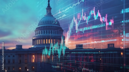 Futuristic holographic forex data hovering above the Capitol Dome, showing real-time trends, glowing brightly against the evening sky.