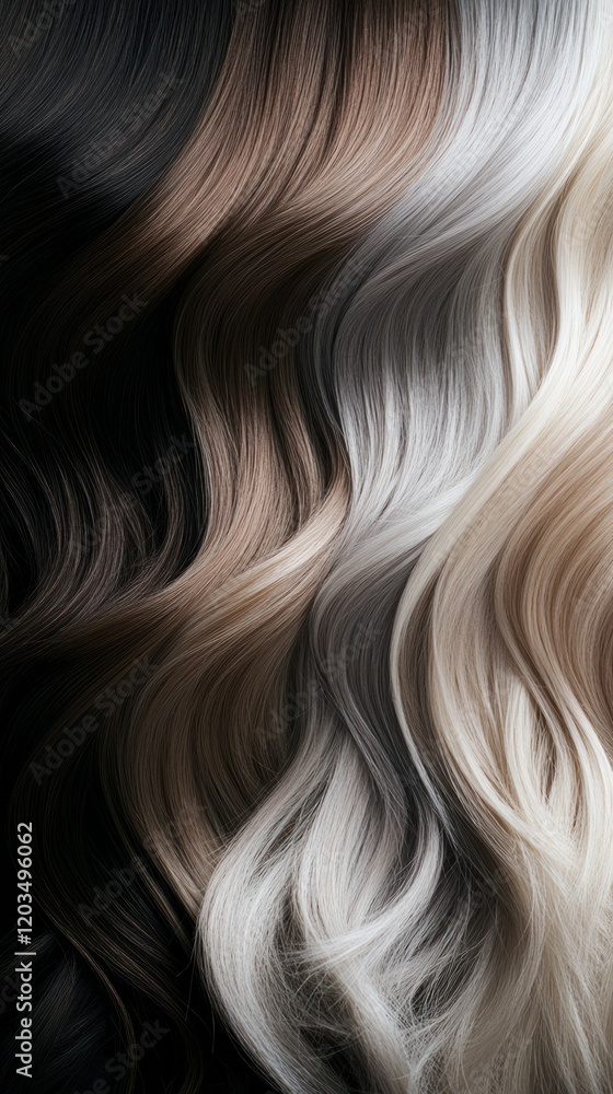 Naklejka premium Gradient poster showcasing trendy hair color shades: ash brown, smokey gray, and cool platinum tones arranged elegantly.