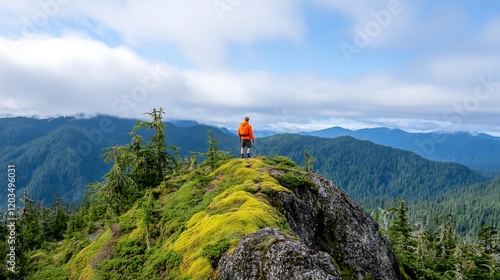 Hiker summit view, mountain range background, Pacific Northwest, adventure