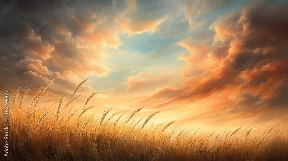 Obraz premium Windblown Prairie Serenity, tall grasses dance beneath a tumultuous sky, evoking a sense of freedom and the beauty of nature's wildness