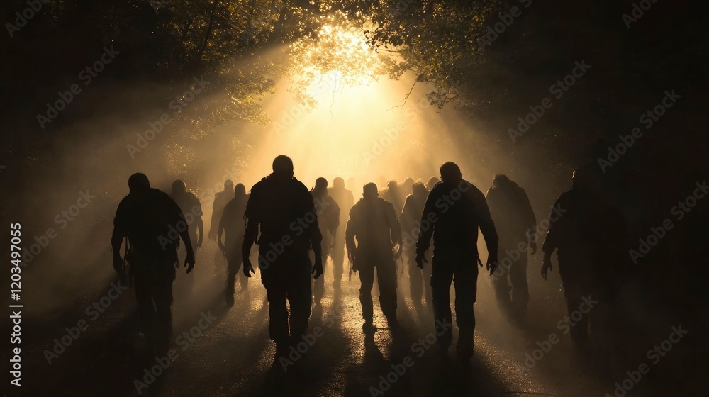 Silhouetted figures walk through a misty forest path Silhouetted figures walk through a misty forest path