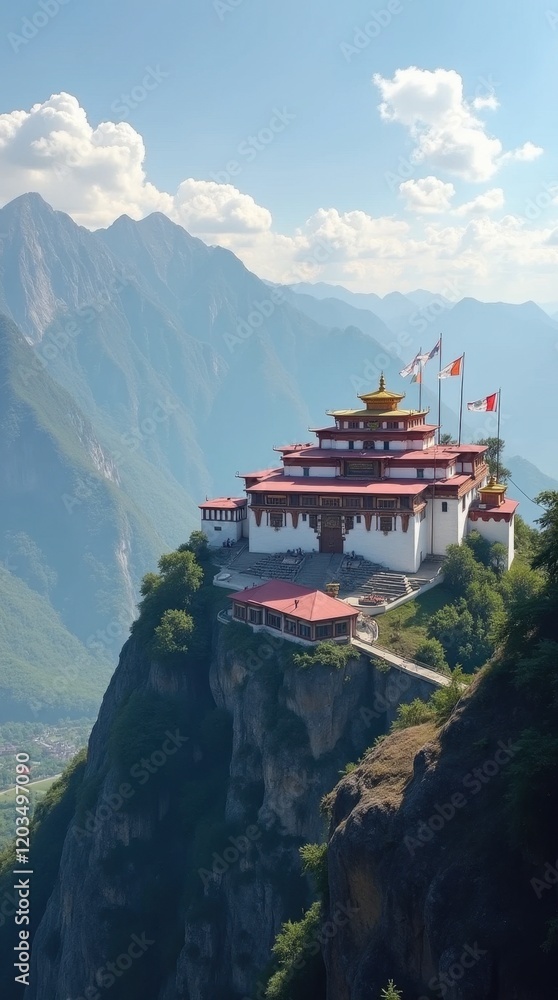 Obraz premium Serene Mountaintop Monastery with Prayer Flags