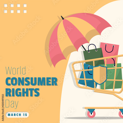 World Consumer Rights Day Poster. Shopping trolley protected by umbrella