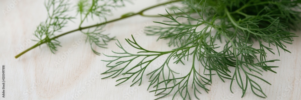 A banner with a picture of fresh dill. Dill twigs scattered on a light wooden surface. In the background is a twig with green dill leaves. The background is blurred. A banner with space for the text. A banner with a picture of fresh dill. Dill twigs scattered on a light wooden surface. In the background is a twig with green dill leaves. The background is blurred. A banner with space for the text.