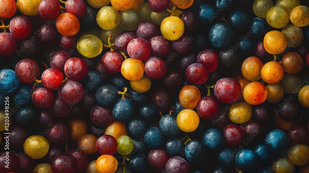 Fototapeta premium Colorful assortment of fresh grapes arranged in a vibrant display at a local market