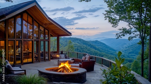 mountain cabin fire pit deck sunset view - relaxation/wellness