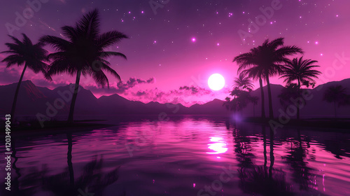 A stunning retro-futuristic scene featuring a vibrant pink and orange sunset over a calm tropical lake, with palm silhouettes and a glowing grid pattern reflecting on the water.