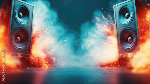 Featuring powerful speakers surrounded by explosive sound waves, this image represents the excitement and energy of music and audio technology in a modern setting.