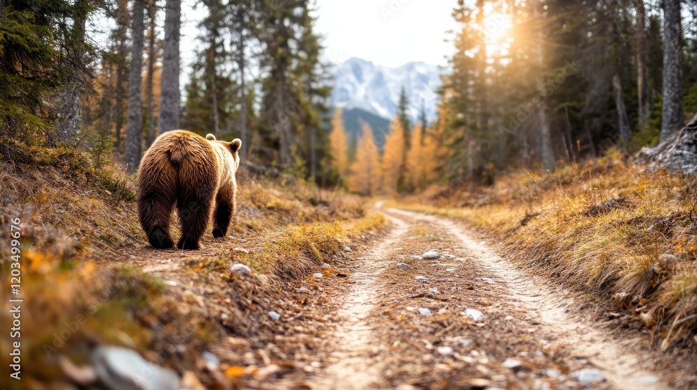 This captivating image captures a majestic bear as it strolls along a dirt path in a lush forest, symbolizing freedom, strength, and the essence of the wilderness. This captivating image captures a majestic bear as it strolls along a dirt path in a lush forest, symbolizing freedom, strength, and the essence of the wilderness.