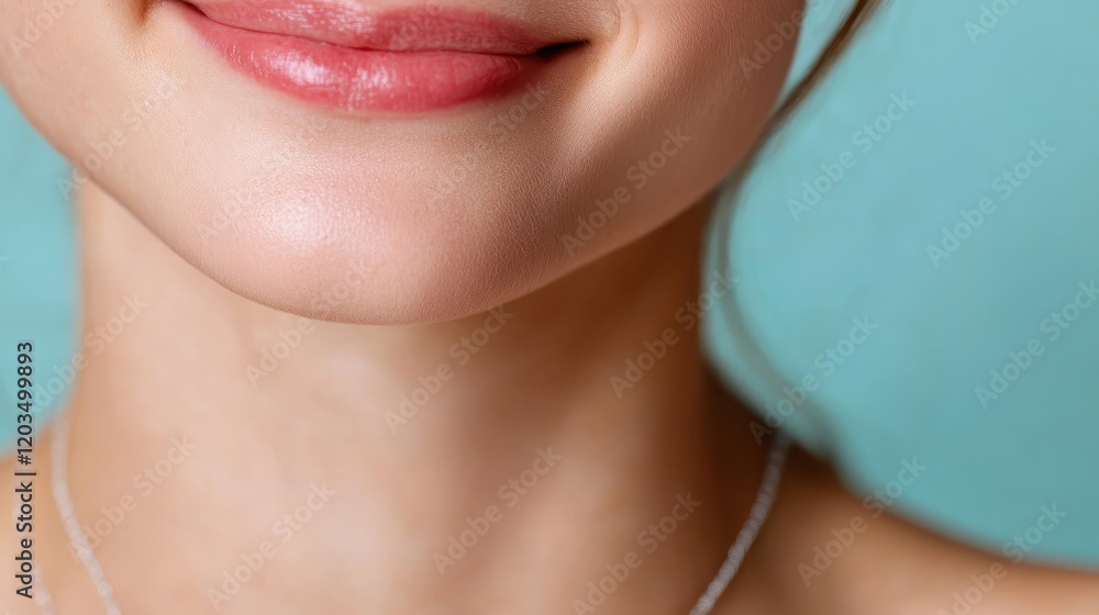 A close-up image focusing on the smiling lips and chin of a woman, highlighting her natural beauty and serene expression against a soothing teal background. A close-up image focusing on the smiling lips and chin of a woman, highlighting her natural beauty and serene expression against a soothing teal background.