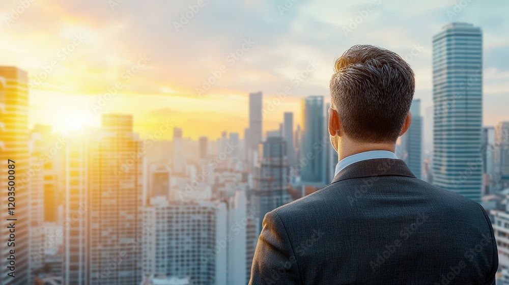 The successful businessman, dressed in a sharp suit, stands confidently amidst the towering skyscrapers of the big city as the sun sets in the background The successful businessman, dressed in a sharp suit, stands confidently amidst the towering skyscrapers of the big city as the sun sets in the background