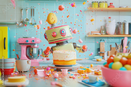 Ein ungeschickter, futuristischer Roboterkoch in einer bunten Küche versucht, einen Kuchen zu backen, während er Zutaten in alle Richtungen verschüttet. Die Szene ist chaotisch und humorvoll photo