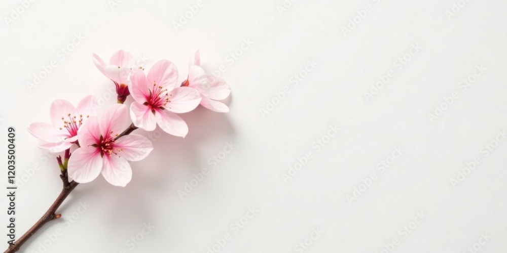 Obraz premium Delicate Pink Blossoms on a Branch Against a Clean White Background, Perfect for Springtime Designs or Greeting Cards