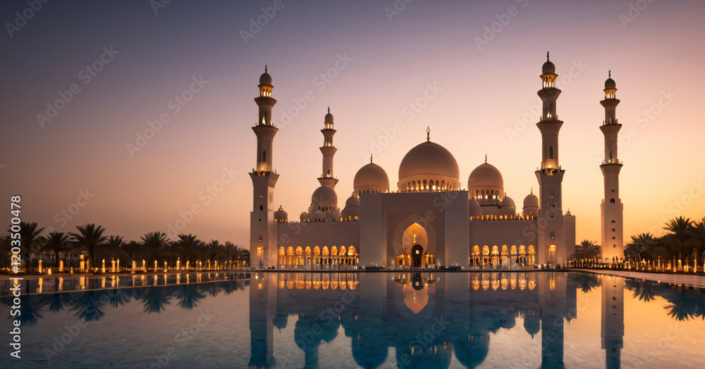 View of famous Grand Mosque, Abu Dhabi, by night, UAE