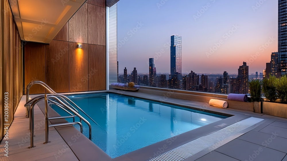Fototapeta premium rooftop infinity pool cityscape sunset - urban luxury