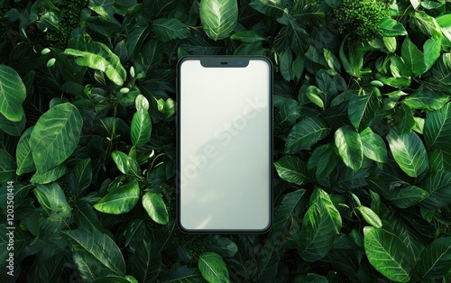 A premium smartphone with a large blank display, with a eco friendly backdrop photo