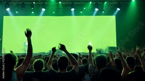 A Night of Euphoria:  Silhouettes of an ecstatic crowd revel in the vibrant energy of a live music performance, their raised hands reaching towards the glowing green screen.