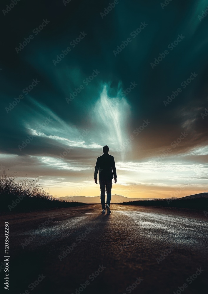 Man walking at sunset on rural path Man walking at sunset on rural path