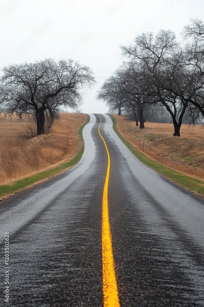 Wet country road with double yellow lines Wet country road with double yellow lines