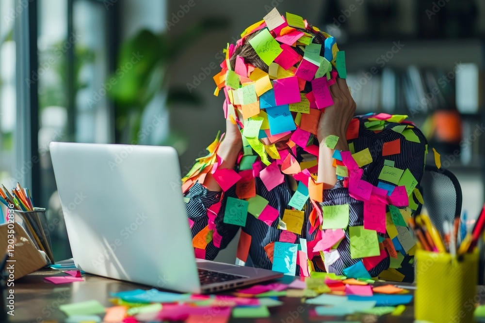 Fototapeta premium A person overwhelmed with colorful sticky notes covering their entire body and desk, seated in front of a laptop. Perfect for themes of stress, productivity, or office humor.