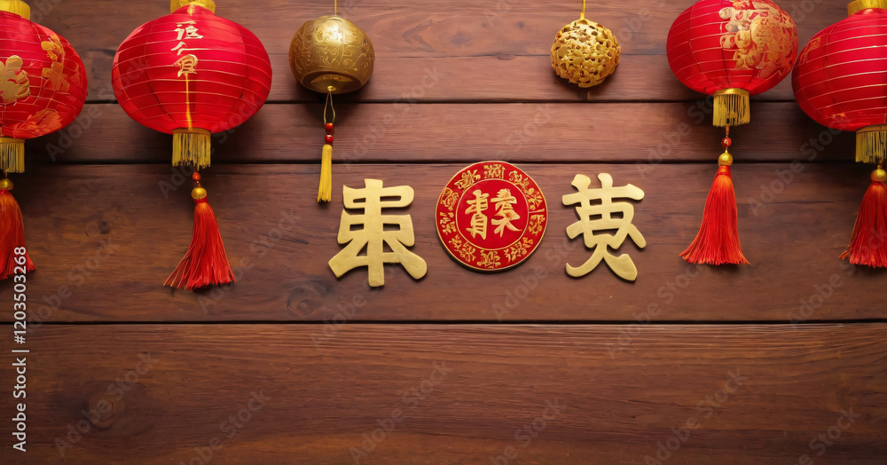 Top view gold and red Chinese new year decoration on wooden background. Translation in English meaning lucky and richly