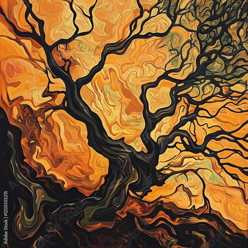 Worms-eye view of an ancient twisted tree, illustrating loneliness and despair, shadows casting ominous shapes, oil painting style, vivid earth tones blending in surreal patterns photo