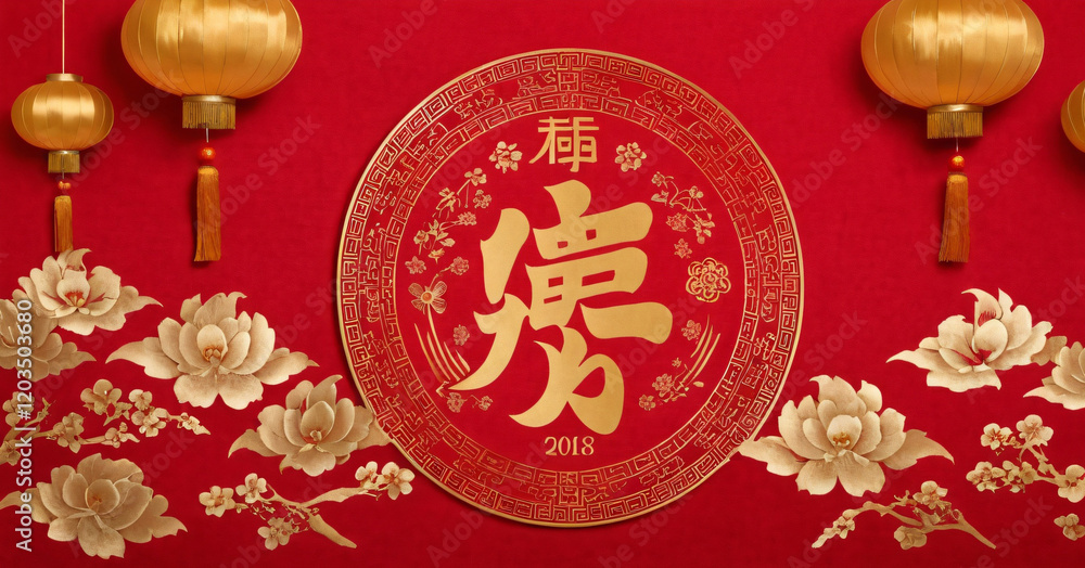 Chinese new year decoration on red fabric background