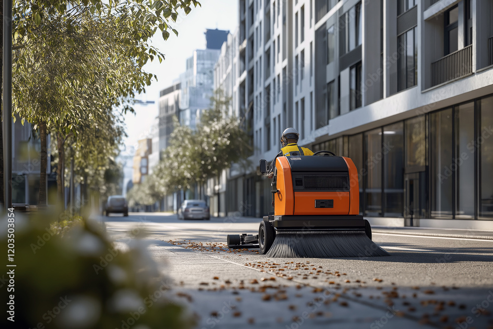 Fototapeta premium Street sweeper operating a compact vacuum machine along a modern city street.
