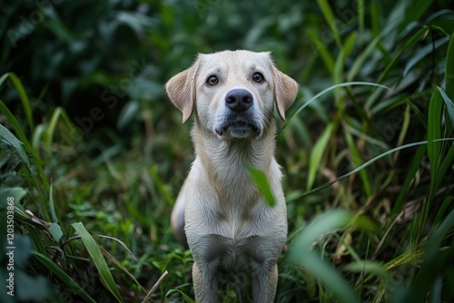 close-up portrait of a dog with a neutral gray background. Generative AI. Beautiful simple AI generated image photo