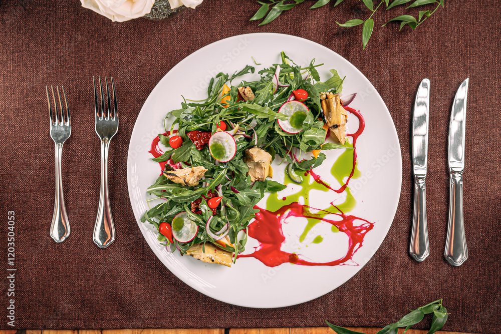 Portion of gourmet fresh salad with artichokes and sauce Portion of gourmet fresh salad with artichokes and sauce