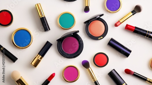 Makeup products scattered elegantly: colorful lipsticks, compact powders, mascara, and blush brushes on a white background. photo