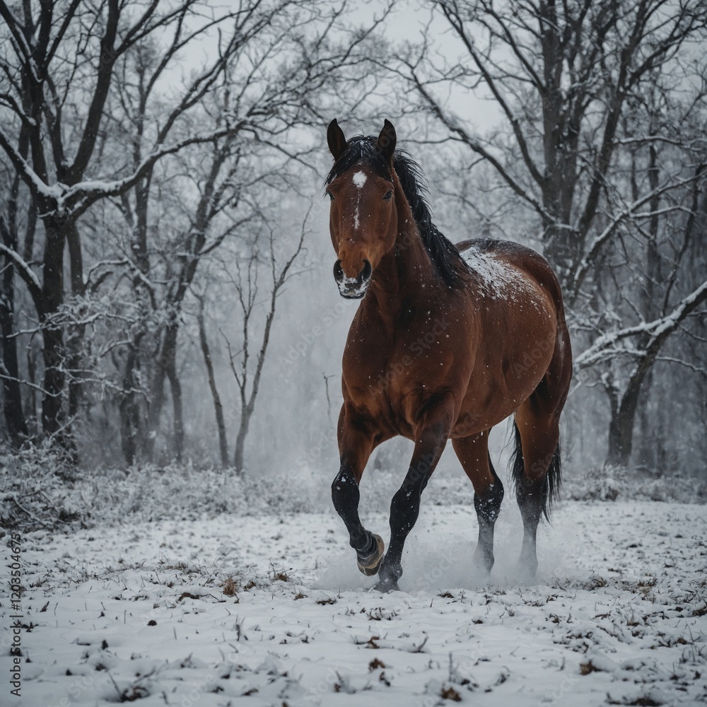 A horse in a snowy landscape, its breath visible in the cold air. A horse in a snowy landscape, its breath visible in the cold air.