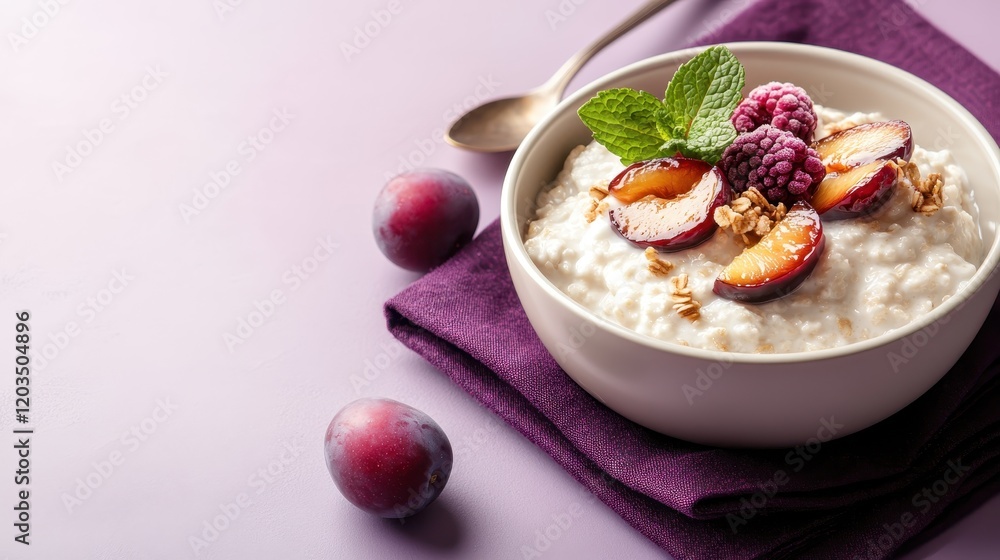 A beautifully arranged bowl of oatmeal topped with colorful fruits and crunchy granola, presenting a delicious and healthy breakfast that appeals to both the eyes and taste buds. A beautifully arranged bowl of oatmeal topped with colorful fruits and crunchy granola, presenting a delicious and healthy breakfast that appeals to both the eyes and taste buds.