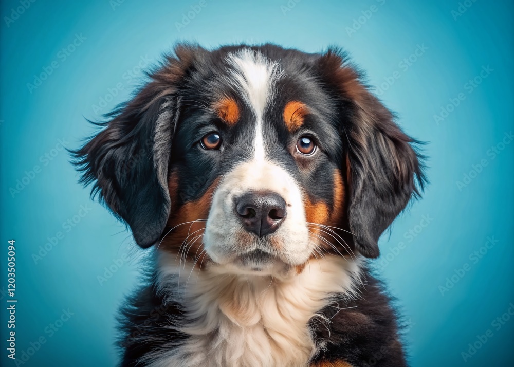 Adorable Bernese Mountain Dog Puppy Portrait - Light Blue Background, Space for Text Adorable Bernese Mountain Dog Puppy Portrait - Light Blue Background, Space for Text